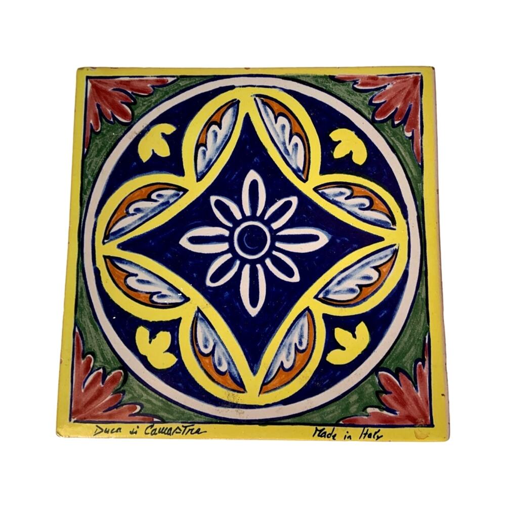 Pier 1 Duca Di Camastra Hand Painted Ceramic Tile Floral Trivet Italy 7.5"